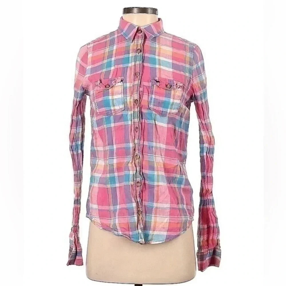 Vintage Abercrombie & Fitch Moose Logo Y2K Pink Plaid Button Down Size Small S